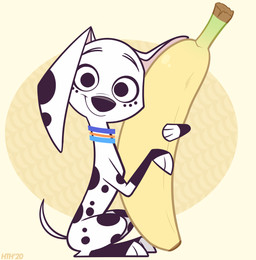 banana banana_plush black_nose black_spots blue_collar blue_jewelry blue_necklace collar female feral floppy_ears food food_plushie freckled_face freckles fruit fur hug hugging_object hugging_plushie jewelry leg_markings markings necklace orange_jewelry orange_necklace pink_inner_ear plant plushie socks_(marking) solo spots toony white_body white_fur higglytownhero 101_dalmatian_street 101_dalmatians disney dolly_(101_dalmatians) canid canine canis dalmatian domestic_dog mammal hi_res