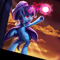 aquamarine_(gem) blue_hair cape clothing cloud cutie_mark eyelashes female feral glowing glowing_horn hair hat headgear headwear hooves horn magic mostly_nude open_mouth open_smile outside purple_eyes sky smile solo stage standing star teeth tongue camyllea friendship_is_magic hasbro my_little_pony mythology trixie_(mlp) equid equine mammal mythological_creature mythological_equine unicorn 1:1 2018 hi_res
