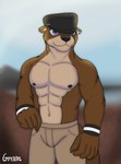 anthro blue_eyes brown_body brown_fur clothed clothing fur hat headgear headwear lake male simple_background solo topless greensodafennec echo_(game) echo_(series) echo_project sydney_bronson mammal mustelid otter absurd_res digital_media_(artwork) hi_res