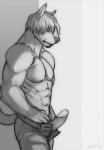 abs anthro athletic beard biceps big_ears biped bodily_fluids bottomwear clothed clothing erection eyes_closed facial_hair fur genital_fluids genitals goatee grey_background hair humanoid_genitalia humanoid_penis leaking long_ears male muscular muscular_anthro nipples open_bottomwear open_clothing open_pants pants pecs penis pose precum simple_background solo standing topless unzipped zipper amit bull_terrier canid canine canis domestic_dog hunting_dog mammal terrier 2014 greyscale monochrome sketch