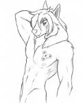 anthro canid canine canis enferre fidget_spinner flaccid genitals hand_behind_head jakethegoat looking_at_viewer male mammal meme monochrome muscular muscular_male nipples nude penis simple_background sketch smile solo standing white_background wolf