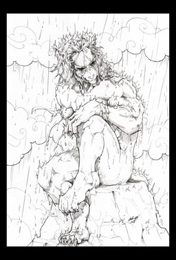 amputee cloud disability male nude raining rock sitting solo wet daddyfox hi_res monochrome traditional_media_(artwork)