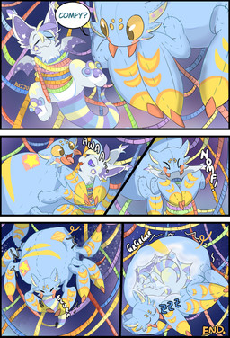 dialogue duo feral internal larger_pred male plushie plushophilia safe_vore size_difference soft_vore unusual_vore vore avoid_posting koijiju nemurin arachnid arthropod spider swallow_(disambiguation) absurd_res comic hi_res