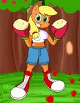 anthro apple apple_tree boots bottomwear boxing boxing_gloves clothing cowboy_hat cutoffs denim denim_bottomwear denim_clothing detailed_background female food footwear fruit fruit_tree gloves grass_field handwear hat headgear headwear looking_at_viewer midriff outside plant red_clothing red_gloves red_handwear shirt shoes shorts sneaker_boots solo sport standing tank_top topwear tree tree_bark zerohead133 friendship_is_magic hasbro my_little_pony applejack_(mlp) earth_pony equid equine horse mammal pony hi_res