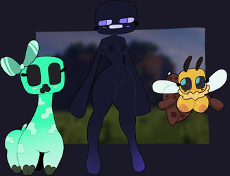antennae_(anatomy) anthro areola big_breasts black_areola black_body black_eyes black_nipples blue_eyes breasts brown_body empty_eyes eyelashes female feral flat_chested front_view green_body group insect_wings neck_tuft nipples orange_areola orange_nipples purple_eyes quadruped stinger trio tuft wings yellow_body mschaox6 microsoft minecraft mojang xbox_game_studios bee_(minecraft) creeper_(minecraft) enderman humanoid hi_res
