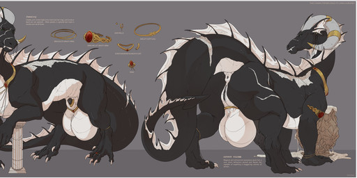 animal_genitalia animal_penis armlet balls big_balls big_breasts big_butt big_penis black_body black_nipples black_penis black_scales black_vulva bodily_fluids bracelet breasts butt chain choker cum curled_horn digit_ring equine_genitalia equine_penis erection excessive_cum excessive_genital_fluids facial_scar feet feral flaccid flared_penis frill_(anatomy) frill_piercing furgonomics furry-specific_piercing gem genital_fluids genitals green_eyes gynomorph herm holding_balls horn horn_jewelry huge_balls huge_breasts huge_penis humanoid_genitalia humanoid_vulva hybrid_genitalia hybrid_penis intersex jewelry knot knotted_equine_penis knotted_penis leg_scar natural_breasts necklace nipple_piercing nipples penis piercing pupils ring ruby_(gem) scales scar scrotum_jewelry sheath sheath_jewelry slit_pupils solo text toe_ring toes vulva white_balls white_body white_breasts white_scales conditional_dnp oouna european_mythology mythology linna_auriandi_(character) dragon mythological_creature mythological_scalie scalie western_dragon absurd_res english_text hi_res long_image model_sheet wide_image