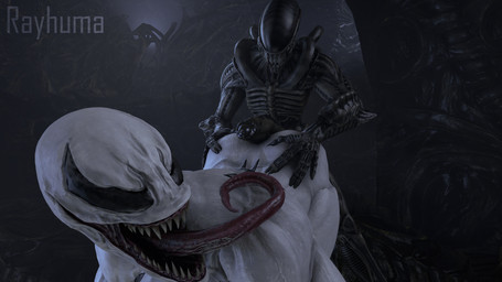 all_fours black_body duo erection female front_view genitals hand_on_butt long_tongue male male/female not_furry nude open_mouth penis penis_on_butt sharp_teeth teeth tongue tongue_out white_body rayhuma alien_(franchise) marvel venom_(marvel) alien humanoid symbiote xenomorph 2020 3d_(artwork) absurd_res digital_media_(artwork) hi_res source_filmmaker_(artwork) watermark