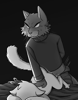 age_difference ambiguous_gender anthro bed duo embarrassed furniture hand_on_face hands_on_back looking_down lying lying_on_bed male male/ambiguous older_male on_bed penetration simple_background whiskers young younger_penetrated sand_attack domestic_cat felid feline felis mammal greyscale hi_res monochrome