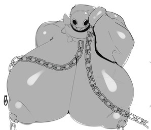 areola big_breasts breasts chain collar female huge_breasts hyper hyper_breasts nipple_piercing nipples piercing smile solo spiked_collar spikes moimoikha mario_bros nintendo gigi_(thecoatl034) chain_chomp humanoid absurd_res hi_res monochrome