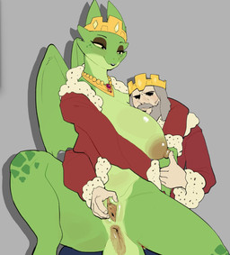 anthro areola beard big_breasts breasts clothing crown duo eyelashes eyeshadow facial_hair female female_anthro freckled_face freckles genitals gold_(metal) gold_jewelry gold_necklace green_body green_scales grey_hair hair headgear hug huge_breasts human_on_anthro humanoid_genitalia humanoid_vulva husband_and_wife interspecies jewelry kemono king larger_anthro larger_female long_eyelashes makeup male male/female male_on_anthro married_couple mature_female mature_male membrane_(anatomy) membranous_wings mustache necklace nipples non-mammal_breasts non-mammal_nipples non-mammal_vulva one_breast_out queen red_clothing romantic romantic_couple royalty scale_freckles scales size_difference smaller_human smaller_male smile spread_legs spreading tail_anus thick_thighs vulva wings skeleton265 mythology dragon_queen_(aabramsart) dragon human mammal mythological_creature mythological_scalie scalie hi_res