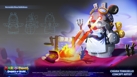 ambiguous_anthro ambiguous_gender anthro apron black_hair blue_sky candy clothing copyright_symbol cutlery dancing dessert eyewear eyewear_on_head female female_anthro fire food fur goggles goggles_on_head grey_body group hair hair_bun holding_fork holding_spoon kitchen_utensils larger_anthro laser laser_eyes light lips long_ears machine marshmallow metallic_body mitten_hands no_eyebrows noseless nude_ambiguous nude_anthro outside red_lips rotisserie size_difference sky smaller_ambiguous smaller_anthro spoon standing symbol t-pose text tools white_apron white_body white_clothing white_fur year chiara_tomasello mario_plus_rabbids_sparks_of_hope nintendo raving_rabbids rayman_(series) ubisoft momma_(mario_plus_rabbids) lagomorph mammal rabbid robot robot_anthro 16:9 2023 4k absurd_res adobe_photoshop_(artwork) artist_name colored digital_drawing_(artwork) digital_media_(artwork) english_description english_text hi_res lighting official_art shaded widescreen