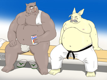 anthro asian_clothing bottomwear brown_body brown_fur bulge clothing duo east_asian_clothing facial_hair footwear fundoshi fur humanoid_hands japanese_clothing kemono male male/male mustache overweight overweight_male pants sandals shoes sitting underwear yanaka lagomorph leporid mammal rabbit suid suine sus_(pig) wild_boar 2015 4:3