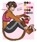 anthro athletic_wear beverage_can big_ears bottomwear bra breasts brown_body brown_fur clothed clothing colored_fingernails colored_nails crimsonraven ear_piercing ear_ring fangs feet female fingernails flat_colors fur haplorhine hi_res looking_at_viewer mammal model_sheet monkey monkey_ears nails open_mouth pants piercing prehensile_feet primate ring_piercing sharp_teeth sitting solo sports_bra teeth toes underwear workout_clothing