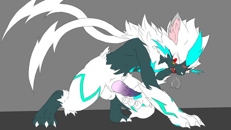 2_tails animal_genitalia animal_penis anthro balls blue_body blue_fur blush blush_lines bodily_fluids claws digitigrade erection feline_genitalia feline_penis finger_claws fur genitals male multi_tail multicolored_body multicolored_fur penile_spines penis red_eyes saliva sigh snout solo spiked_penis spikes spikes_(anatomy) tail toe_claws two_tone_body two_tone_fur white_body white_fur worried mxsb_(artist) nintendo pokemon fan_character kerrel_(zeraora) felid feline generation_7_pokemon legendary_pokemon mammal pokemon_(species) zeraora 16:9 widescreen