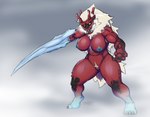 anthro blade_arm blue_body blue_skin breasts breath claws digitigrade female genitals horn mane muscular muscular_anthro muscular_female nipples pubes pussy red_body red_skin simple_background solo standing white_mane yellow_eyes croxot capcom monster_hunter goss_harag monster 2021