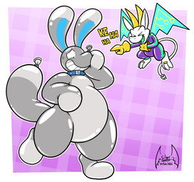 after_transformation anthro audible_laugh balloon balloon_animal balloon_tail belly big_ears duo gesture grin hand_gesture inflatable laugh male pointing pointing_at_another smile transformation soul-silver-dragon reboot_(soul-silver-dragon) soul-silver-dragon_(character) canid canine imp mammal hi_res