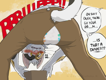 ageplay ambiguous_gender anthro bending_down bent_over black_body black_fur blush blush_lines box breath butt butt_focus calico_pattern clean_diaper clothed clothing container dialogue diaper diaper_under_clothing embarrassed exposed_diaper fur head_down infantilism littlepawz_(diaper) multicolored_body multicolored_fur panting reaching_down ripping_sound_effect roleplay solo spread_legs spreading surprise tail tan_body tan_fur text torn_clothing wearing_diaper white_body white_fur fox_in_diapers abuniverse littlepawz calico_cat domestic_cat felid feline felis mammal english_text