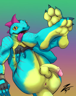 anus balls butt feet foot_focus genitals gradient_background holding_both_legs looking_at_viewer male nude open_mouth open_smile paws penis simple_background smile tongue tongue_out uneven_balls zeym epic_games fortnite lizzik_(fortnite) lizard reptile scalie absurd_res hi_res signature