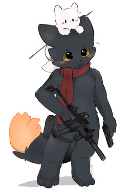 3_toes 4_fingers black_body black_fur dipstick_tail duo feet fingers fur gun handgun holding_object holding_weapon kriss_vector markings melee_weapon polearm pouch_(clothing) ranged_weapon scarf simple_background spear standing submachine_gun tail tail_markings toes weapon white_body minecraftsteve42069 casualties:_unknown gunsaw rain_world videocult survivor_(rain_world) canid canine expie_(gunsawian) gunsawian mammal slugcat hi_res