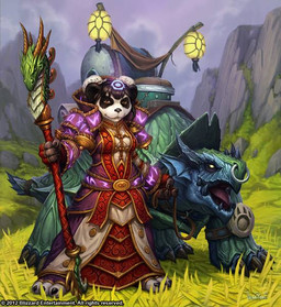 ambiguous_gender anthro black_body black_fur black_hair breasts claws detailed_background duo facial_piercing female female_anthro feral fur grass hair holding_object holding_staff looking_at_viewer magic_user medium_breasts mountain nose_piercing nose_ring open_mouth outside piercing plant ring_piercing smile staff standing tail white_body white_fur glenn_rane blizzard_entertainment warcraft world_of_warcraft_trading_card_game bear mammal pandaren reptile scalie turtle 2012 official_art