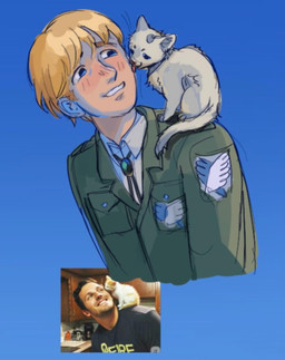 ambiguous_gender blonde_hair blue_background blue_eyes blush clothing duo face_lick feral formal_wear fur hair licking male nervous nervous_smile pale_skin simple_background sitting_on_shoulder size_difference tongue white_body white_fur young azulmagpie attack_on_titan armin_arlert domestic_cat felid feline felis human mammal hi_res