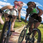 anthro bicycle black_hair bottomwear butt clothing dolphin_shorts duo ear_piercing female female_anthro hair mountain_bike pawpads piercing pink_hair scenery shorts spandex spandex_shorts tight_bottomwear tight_clothing tight_shorts vehicle eleacat canid canine canis domestic_dog felid feline mammal serval 1:1 2023