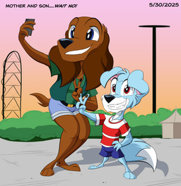 4_toes amusement_park amusement_ride anthro blue_body blue_eyes blue_fur bottomwear brown_body brown_fur clothing denim denim_bottomwear denim_clothing denim_shorts duo electronics evening feet female fluffy fluffy_ears fluffy_tail fur gesture hand_gesture holding_object holding_phone hotpants kingdaka kneeling male pattern_clothing phone red_eyes roller_coaster selfie shirt shorts sky striped_clothing stripes t-shirt tail toes topwear v_sign vest kenthenugget six_flags charlotte_(crescent_blue) scamp_(crescent_blue) bird_dog canid canine canis domestic_dog hunting_dog hybrid mammal spaniel wolf absurd_res hi_res mother_(lore) mother_and_child_(lore) parent_(lore) parent_and_child_(lore)
