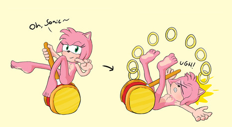 adolescent breasts butt falling_over feet female female_adolescent hair hammer looking_at_viewer nipples nude pink_body ring seductive short_hair simple_background sitting small_breasts smile text tools young argysaur sega sonic_the_hedgehog_(series) amy_rose eulipotyphlan hedgehog mammal english_text hi_res