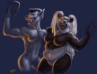 anthro breasts container cup drunk duo fangs female front_view happy holding_container holding_cup holding_object male navel nude overweight simple_background substance_intoxication teeth foxfeet blizzard_entertainment warcraft bear canid canine canis mammal pandaren werecanid werecreature worgen