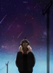 anthro biped black_nose brown_body brown_fur brown_hair female fur green_eyes hair night outside power_lines sky smile solo standing star starry_sky tiffico wendy hi_res