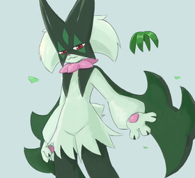 ambiguous_gender anthro claws featureless_crotch flat_chested fur green_body green_fur green_hair hair leaf looking_at_viewer pawpads red_eyes simple_background solo tail ylit nintendo pokemon felid feline generation_9_pokemon mammal meowscarada pokemon_(species) 2025
