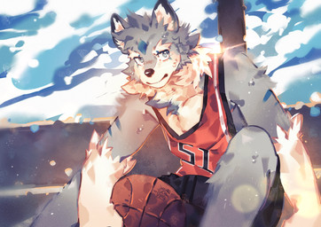 anthro athletic athletic_anthro athletic_male ball basketball_(ball) basketball_uniform blue_body blue_eyes blue_fur bodily_fluids clothing eye_scar facial_scar fur light light_beam male scar sky solo sportswear sunbeam sunlight sweat sweatdrop sweaty_body uniform white_body white_fur hemuchang canid canine canis mammal wolf 2022 hi_res