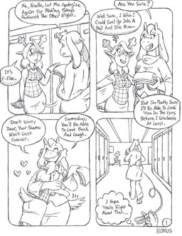 anthro big_breasts big_butt blush blush_lines breasts butt duo embarrassed eyewear female freckled_face freckles glasses horn hug inner_thoughts mature_female school small_breasts string text thought_bubble circe_(artist) deltarune undertale_(series) berdly noelle_holiday toriel avian bird bovid caprine deer goat mammal new_world_deer reindeer comic english_text hi_res