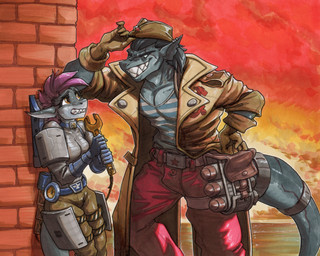 5_fingers anthro biped black_hair bottomwear breasts brick_wall brown_bottomwear brown_clothing brown_pants clothing communism duo female fingers gloves grey_body hair hammer_and_sickle handwear leather leather_clothing leather_gloves leather_handwear male military_uniform non-mammal_breasts orange_eyes outside pants politics purple_hair red_bottomwear red_clothing red_pants red_star size_difference tools uniform wall_(structure) wrench ewgengster command_and_conquer electronic_arts red_alert_(series) fish marine shark 2026 5:4 absurd_res hi_res traditional_media_(artwork)