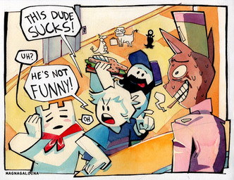 ambiguous_gender anthro beard black_beard black_facial_hair blush bodily_fluids cigarette cigarette_in_mouth constricted_pupils facial_hair food gesture grin group hand_gesture holding_food holding_object holding_sandwich inside insult male object_in_mouth open_mouth pointing pointing_at_another pupils purple_baseball_cap sandwich_(food) small_pupils smile sweat text tongue tongue_out white_body magnagallina oney_plays undertale undertale_(series) adam_(oneyplays) burgerpants chris_o'neill joshua_tomar domestic_cat felid feline felis human mammal 2024 artist_name english_text painting_(artwork) traditional_media_(artwork) watercolor_(artwork) male_(lore)