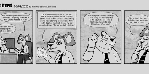 accessory anthro bottomwear chair clothing computer dialogue duo electronics furniture humanoid_hands male necktie overweight overweight_male pants shirt sitting text topwear barnem mammal murid murine rat rodent 2025 comic english_text hi_res monochrome