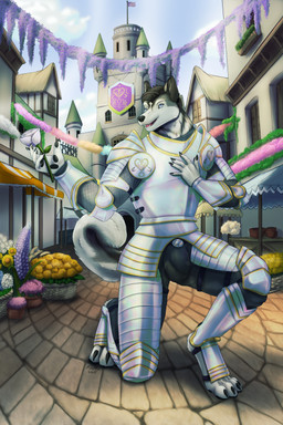 anthro armor banner basket belt black_body black_fur blue_eyes bottomwear brick_floor bulge castle chainmail claws clothing container detailed_background flower fur gauntlets gloves greaves hair hand_on_chest handwear heart_symbol holding_flower holding_object kneeling looking_at_viewer male market market_stall multicolored_body multicolored_fur outside pants pauldron pawpads paws plant plant_pot plate_armor plate_mail potted_plant rose_(flower) solo two_tone_body two_tone_fur white_body white_fur howlfeiwolf canid canine canis domestic_dog husky mammal nordic_sled_dog spitz 2:3 absurd_res detailed digital_media_(artwork) hi_res watermark