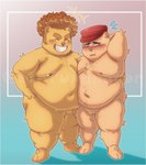 anthro belly big_belly blush brown_body brown_fur clothing duo eyes_closed fur hat headgear headwear humanoid_hands male male/male moobs navel nipples obese obese_male overweight overweight_male mrtuminator happy_tree_friends disco_bear_(htf) pop_(htf) bear mammal 2022 hi_res