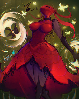 5_fingers anthro biped blade bladed_weapon breasts clothing curvesickle dress female fingers holding_object holding_weapon musical_note musical_symbol red_clothing singing solo spinning_weapon standing symbol weapon hatidraw hollow_knight:_silksong hollow_knight_(franchise) team_cherry skarrsinger_karmelita ant arthropod hymenopteran insect skarr 2025 4:5 hi_res signature