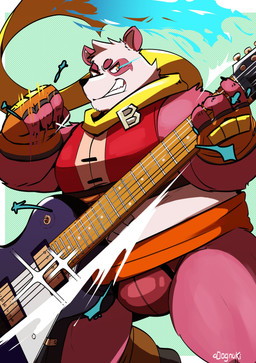anthro black_nose clothing electric_guitar guitar humanoid_hands kemono male musical_instrument overweight overweight_male pink_body plucked_string_instrument scarf solo string_instrument underwear realiron bear giant_panda mammal 2023 absurd_res hi_res