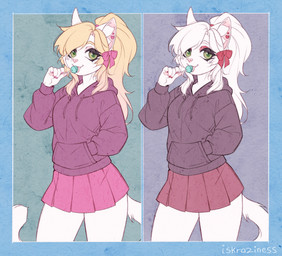 5_fingers anthro biped blonde_hair bottomwear breasts claws clothed clothed_anthro clothed_female clothing female finger_claws fingers front_view fully_clothed fully_clothed_anthro fully_clothed_female fur green_eyes hair inner_ear_fluff looking_at_viewer simple_background smile solo standing tail tongue topwear tuft white_body white_fur white_tail iskra alisa_(iskra) domestic_cat felid feline felis mammal 2026 digital_drawing_(artwork) digital_media_(artwork) hi_res