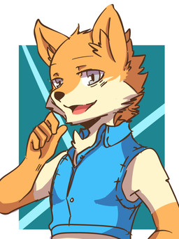 anthro black_nose blue_background blue_eyes border cheek_tuft chest_tuft clothed clothing facial_tuft fur fur_markings gloves_(marking) half-closed_eyes inner_ear_fluff looking_at_viewer male markings multicolored_body multicolored_fur narrowed_eyes open_mouth open_smile orange_body orange_fur shirt simple_background sleeveless_clothing smile solo topwear tuft two_tone_body two_tone_fur white_body white_border white_fur saku1saya canid canine fox mammal 2015 hi_res