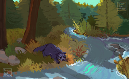 ambiguous_gender blue_body blue_ears blue_fur blue_tail detailed_background feral forest fur plant quadruped river solo tail tree whiskers nowheremotel starseed_(coastalelid) mammal mustelid otter river_otter 2022 hi_res
