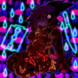 anthro belly blood blood_drip bodily_fluids breasts colorful_background covered_in_blood dripping exposed_fat exposed_flesh fangs female fluffy fluffy_hair fluffy_tail gore hair knife open_wound organs razor self-harm sharp_teeth smile sparklefur tail teeth tools wound_on_ear wound_on_leg wound_on_torso wounded chowmalgamation diesel_(jackrabbit) canid canine hybrid lagomorph leporid mammal rabbit 1:1 hi_res