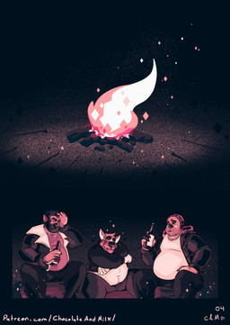 anthro belly big_belly black_bottomwear black_clothing black_jacket black_pants black_topwear bottle bottomwear brown_bottomwear brown_clothing brown_pants campfire clothed clothing container group hat headgear headwear holding_bottle holding_container holding_object human_to_anthro jacket male male_anthro male_human mid_transformation night obese obese_anthro obese_human obese_male open_clothing open_jacket open_mouth open_topwear overweight overweight_anthro overweight_human overweight_male pants sitting smile species_transformation text topwear transformation trio undressing white_clothing white_topwear chocolateandmilk richard_(chocolateandmilk) human mammal 2021 absurd_res dated hi_res restricted_palette signature url