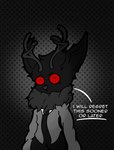 anthro antlers black_body black_fur clothed clothing demonic dialogue fur horn looking_at_viewer male neck_tuft red_eyes solo text tuft malegardevoir jackalope lagomorph mammal 2023 english_text