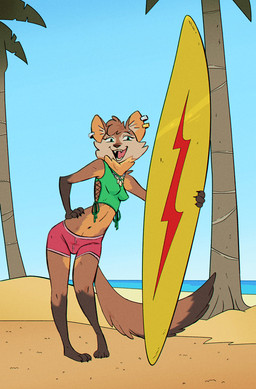 3_toes anthro arm_markings barefoot beach blue_eyes brown_body brown_fur cheek_tuft clothing crop_top detailed_background ear_piercing ear_ring facial_tuft fangs feet female fluffy fluffy_tail fur head_tuft holding_object leg_markings long_tail looking_at_viewer markings neck_tuft open_mouth palm_tree piercing plant ring_piercing round_ears shirt socks_(marking) solo surfboard swimming_trunks swimwear tail teeth toes topwear tree tuft ruffu martina_(y2kaesar) ambiguous_species gulonine mammal marten mustelid musteline digital_drawing_(artwork) digital_media_(artwork) full-length_portrait portrait