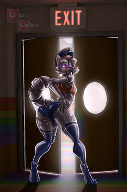 anthro balls biped blue_clothing blue_legwear blue_thigh_highs blue_underwear blush butt cheek_tuft clothing crop_top door exit_sign facial_tuft femboy genitals legwear lgbt_pride looking_at_viewer looking_back looking_back_at_viewer machine male orange_clothing orange_crop_top orange_shirt orange_topwear pink_eyes police police_hat pride_colors rainbow_flag rainbow_pride_flag rainbow_symbol shirt smile smiling_at_viewer solo thigh_highs topwear tuft underwear white_balls white_body libra-11 boy_kisser_(meme) officer_boykisser_(junoandmaxx) animatronic domestic_cat felid feline felis mammal robot 2026 digital_media_(artwork) hi_res meme