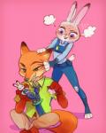 anthro clothing duo female male simple_background weketa disney zootopia judy_hopps nick_wilde canid canine fox lagomorph leporid mammal rabbit red_fox true_fox hi_res