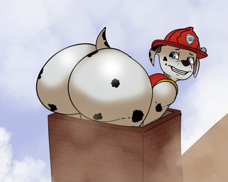 anthro armor big_butt blue_eyes butt chimney firefighter_helmet headgear helmet huge_butt male nervous smoke solo stuck young binkykun paw_patrol marshall_(paw_patrol) canid canine canis dalmatian domestic_dog mammal absurd_res hi_res